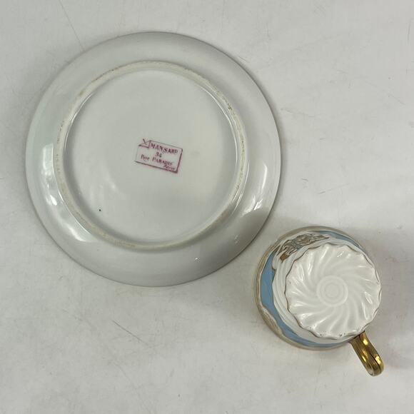 Antique French Demitasse Cup & Saucer Mansard Paris Blue Gold Monogram Porcelain - Picture 8 of 13